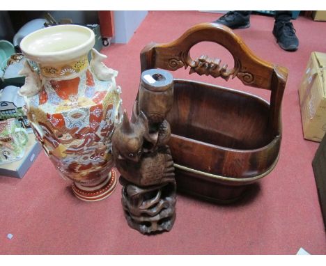 A Satsuma Hexagonal Pottery Vase Circa 1900, 46cm high. Hardwood lamp plus basket. (3)