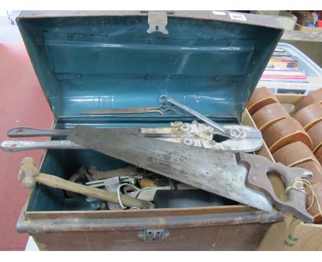 Bolt Croppers, saws, brace, other tools in tin trunk.