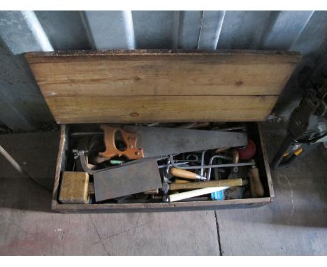 A Pine Tool Box with an Assortment of Tools, mallet, hammers, screwdriver, pliers, etc.