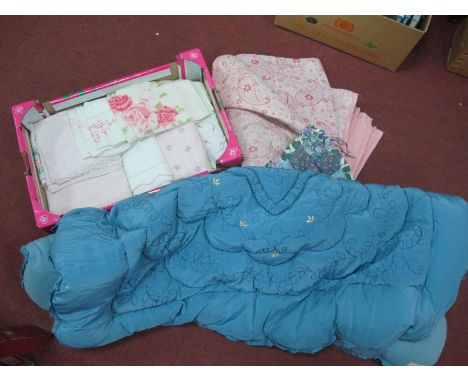 A Hand stitched Pink Paisley Durham Quilt, vintage sheets and pillowcases, patchwork cushion cover, and a pale blue double tr