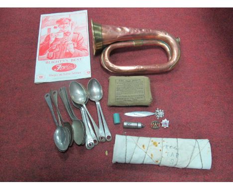 A 1912 Church Lads Brigade Brass and Copper Bugle, together with WWI and WWII items including twelve 'Naafi' stamped spoons, 