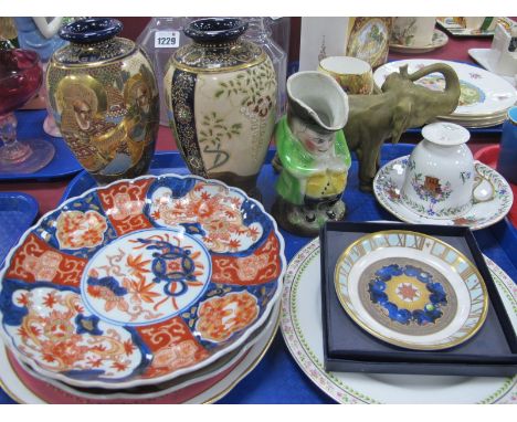 A Pair of Early Xx Century Japanese Vases, Imari plates, Worcester Millennium dish, Dux style elephant 13.5cm high, Spode cup