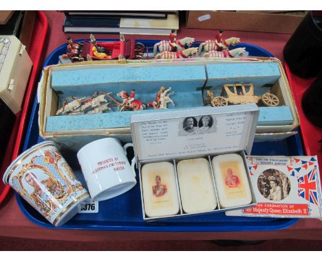 Vintage Royalty Memorabilia - A 1937 Johillco Coronation coach and horses, a similar 1977 version, a 1911 enamel decorated mu
