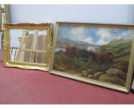 G Beardshaw, Highland Cattle, oil on canvas, signed and dated 1904 (flaking), 49 x 75cm, gilt framed wall mirror.