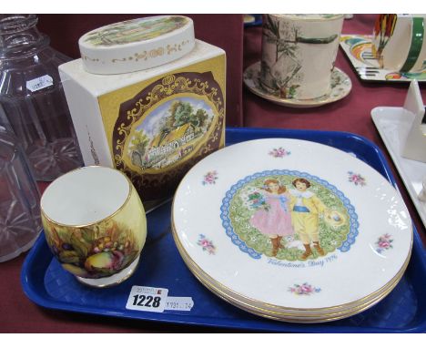 Royal Cauldon Tea Canister for R. Twining &amp; Co. Ltd., each side and lid with scenic cartouche, Aynsley fruit painted vase