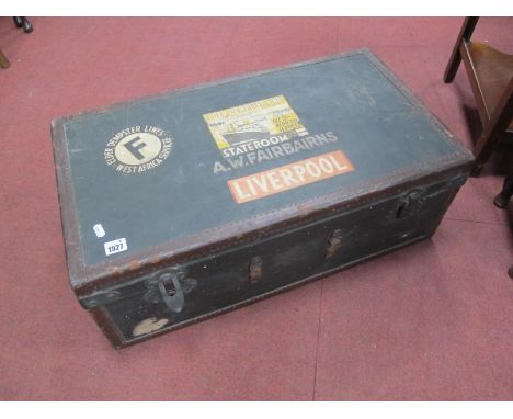 An Early XX Century Cabin Trunk, labels include Cunard White Star, Elder Dempster Lines; Union Jack and American flag (47 sta