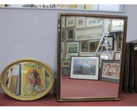 A Rectangular Wall Mirror, frame with brass corners, bevelled glass, together with a gilt oval mirror. (2)