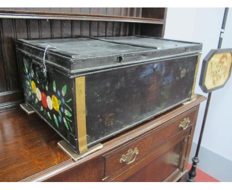 Foster &amp; Pullen of Bradford Metal Trunk, painted in The Bargeware Style, labelled with date 1916, 64cm wide.