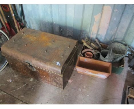 Tin Trunk, galvanized watering can and pail, terracotta planters, etc.