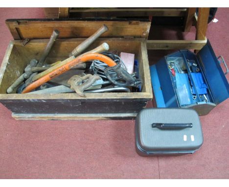Saws, Full-Use Vice, other tools, in XIX Century pine box plus metal carry case.