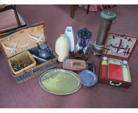 A Box and Coracle Hamper of Collectables, including large vases, 1950's Dustette, greenhouse heater, Edwardian amber glass wi