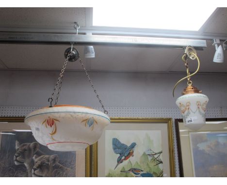A 1920's Mottled Glass Light Shade, of compressed globular form, a similar period opaque bell shade with stepped copper mount