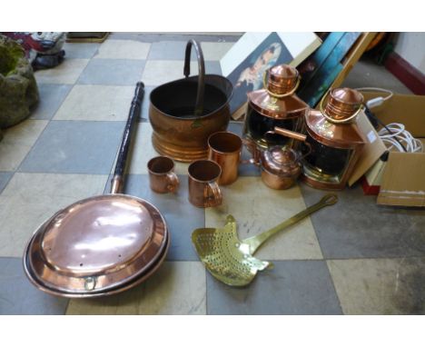 A collection of metalware including a set of measuring cups, chestnut roaster, coal scuttle, bed warming pan, small copper co