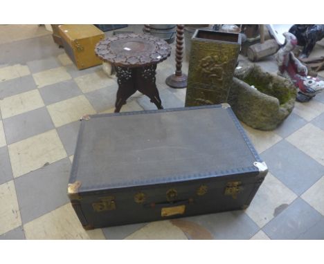 A small vintage steamer trunk, a brass stick stand and an eastern hardwood folding occasional table 