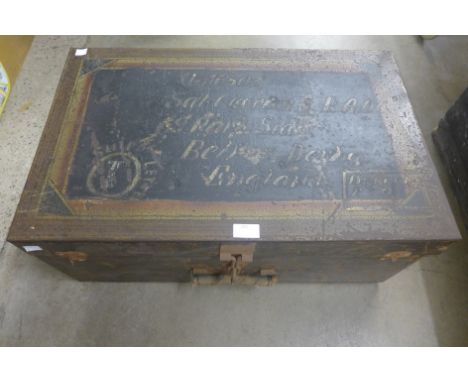 A painted metal military trunk 