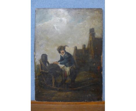 A Continental School, Old Master style portrait of labourer in a courtyard, oil on canvas laid on board, unframed 