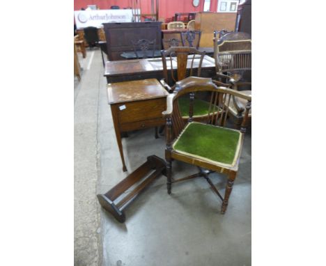 Two Edward VII inlaid mahogany chairs, an oak book shelf and a sewing table 