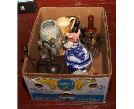 A box of collectables including coffee grinder, cruet set and ironstone tea jar etc.