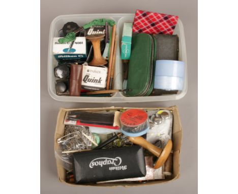 Two boxes of collectables to include sewing equipment, fountain pen nibs, ink bottles etc.