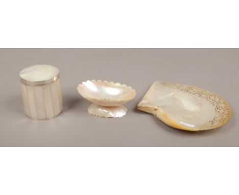 A mother of pearl pedestal bon bon dish with incised decoration, a pierced mother of pearl dish and a mother of pearl mounted