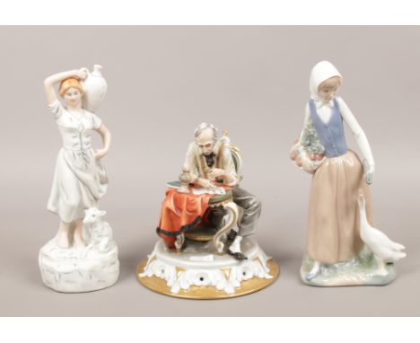 Three ceramic figures to include Royal Dux, Nao and Capodimonte.