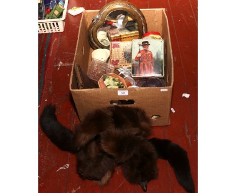 A box of mostly vintage collectables including a fur stole, advertising tins, Art Deco glass dressing table jars, dominoes in