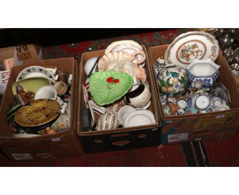 Three boxes of miscellaneous including Carltonware, decorative oriental wares, fauna, Edwardian wash jug and bowl, Sadler etc