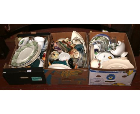 Three boxes of miscellaneous including character jugs, Carltonware, Masons, Denby, ornaments etc.