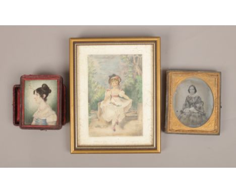 A 19th century cased ivory portrait miniature of a young lady along with a gilt framed over painted engraving portrait of a l