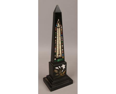 A 19th century Ashford marble Obelisk thermometer inset with various marble specimens, raised on stepped plinth, 37cm tall.