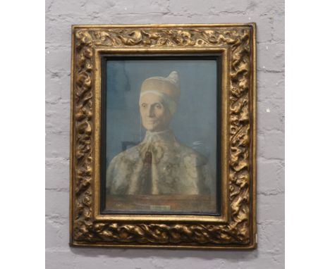 After Giovanni Bellini a gilded cushion framed print, a portrait of Doge Leonardo Loredan.