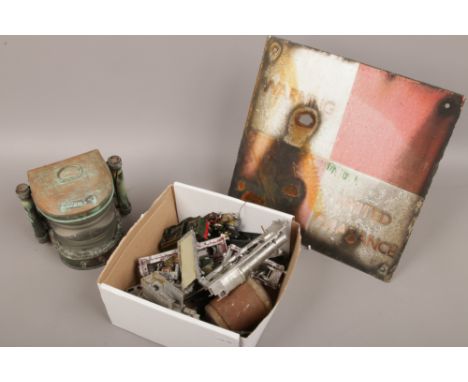 An enamelled limited clearance railway sign, a masthead lamp and box of railway spares.