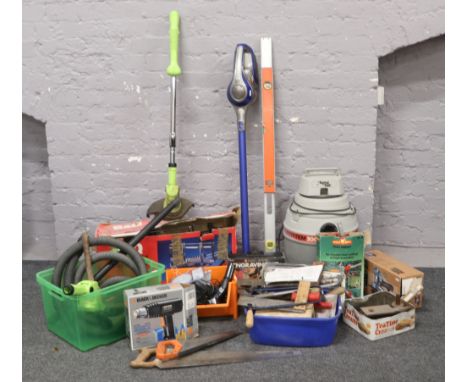 A collection of tools to include B&amp;Q mitre saw, Black &amp; Decker detail sander, 115 angle grinder, hot air paint stripp