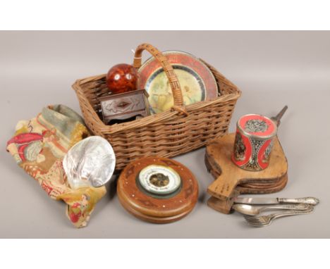 A basket of collectables including Continental silver handled flatwares, vintage bellows, barometer, late 19th / early 20th c