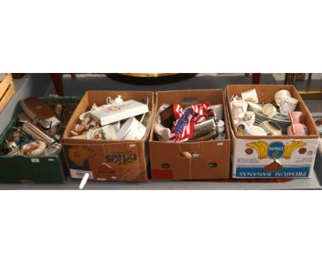 Four boxes of miscellaneous including Aynsley, Goss, Torquay ware, vintage stamping tools, Royal Doulton, blue and white, vin