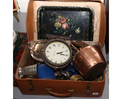 A vintage suitcase and contents of mostly metalwares and wooden items including copper and brass kettle, silver plate, set of