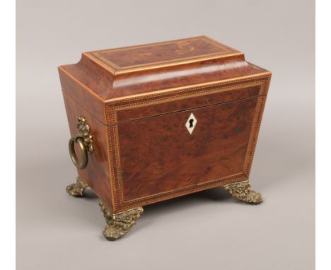 A twin handle Regency yew wood tea caddy with crossbanding and box wood strung inlay raised on brass scroll work feet.