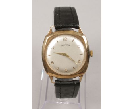 A gentleman's 9ct gold cased Helvetia manual wristwatch with satin dial.Condition report intended as a guide only.Not running