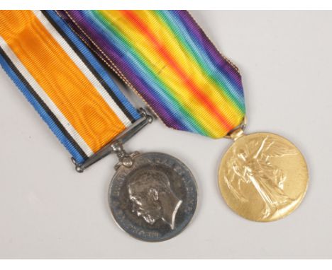 Two British First World War medals on ribbons, Victory medal and The British War Medal both presented to 231288 F.W.B Whyman 
