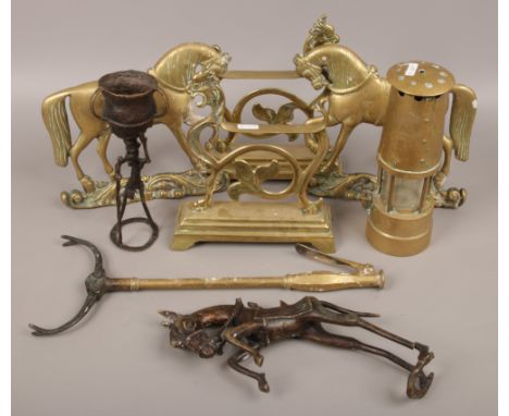A collection of metalwares including Eccles miners protector lamp, mechanical coal tongues and African Benin bronzes etc.