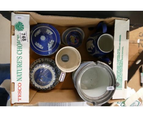 A collection of Wedgwood jasper ware items including dark blue dip jasper butter dish & cover, teapot (lid missing), Josiah W