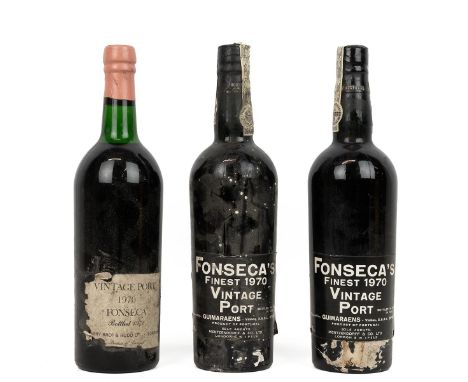 Fonseca - 3 bottles of 1970 vintage port all 75cl 22% alc/vol, fill top shoulder, labels - one for BB&amp;R torn, others ligh
