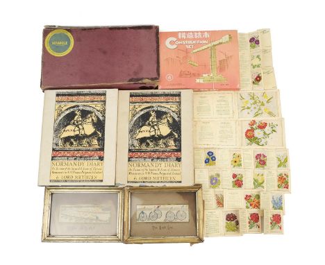 Two woven silk Stevengraphs, a vintage scrabble set, wooden construction set, two first edition copies of&nbsp; Lord Methuen'