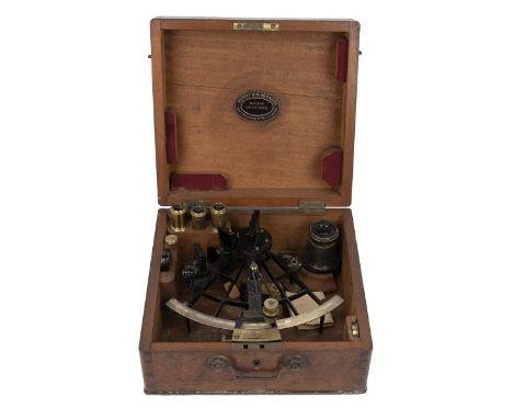 Late 19th/20th Century Chricton London mahogany cased sextant, the lid with a Henry Hughs &amp; Son label complete with four 