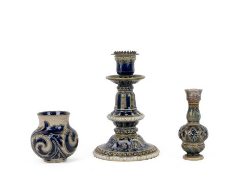 Doulton Lambeth collection to include: a silver topped candlestick, hallmarked for London 1877, of columnar form with pronoun