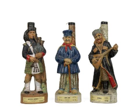 Garnier Liqueurs vintage scotch whisky, Dry Gin and Vodka each 45.4cl 37.4%, the caricature bottles of a Scotsman playing bag