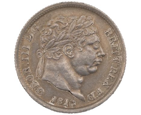 1818 George III silver Shilling, high '8' in date (S 3790). Grade: gVF - good Very Fine, cleaned.