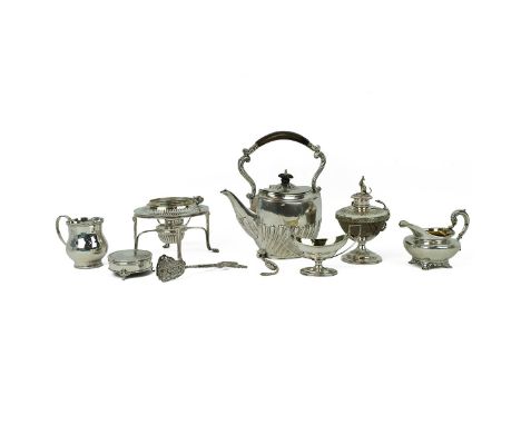 Silver and silver plated ware to include: a silver ring box, marks rubbed, with engine turned decoration to the lid 89.5 gram