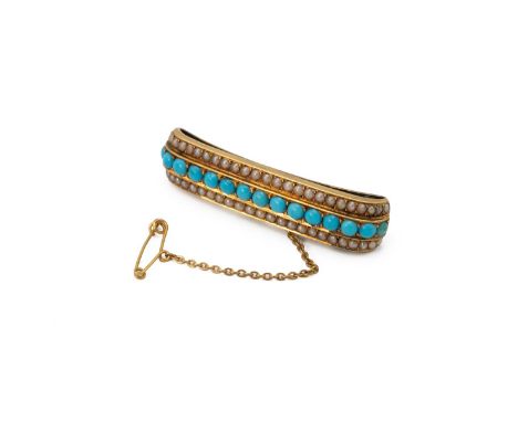Victorian turquoise and pearl brooch, converted from a scarf clip, pearls untested and unwarranted, 4.5cm long.