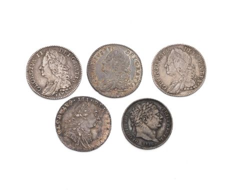 Five (5) silver Sixpence, including 1746 George II 'LIMA' (x2), 1758 George II, 1787 George III, and 1816. Grades: nVF - near